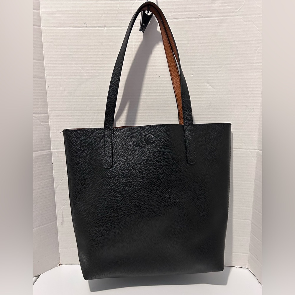 Black/brown Vegan leather tote 12” x 13” x 3-1/2” with magnetic closure